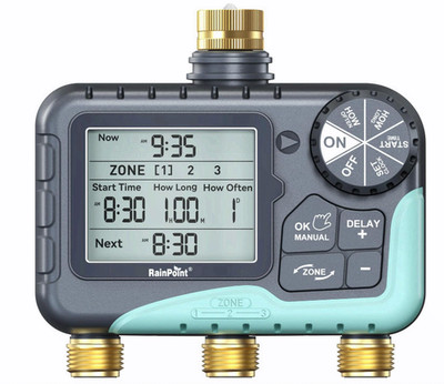 RAINPOINT 3 Zone Water Timer Brass In/Out Sprinkler Timer LCD IP65 2026