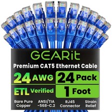 Cat5e Ethernet Patch Cable 1 Foot 24 Pack Snagless RJ45 LAN Network Cord Blue