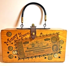 Enid Collins Box Bag "Money to Burn" $ + Coins So FUN! Vintage Wooden Handbag