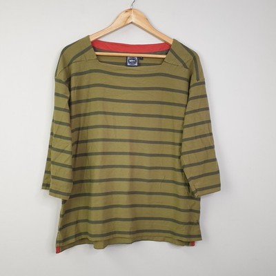 Weird Fish Rommie T-Shirt Women 18 Olive Green Stripe Organic Cotton Square Neck