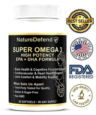 NatureDefend Premium Omega-3 Fish Oil 60ct EPA DHA Heart USA Made Veteran Owned