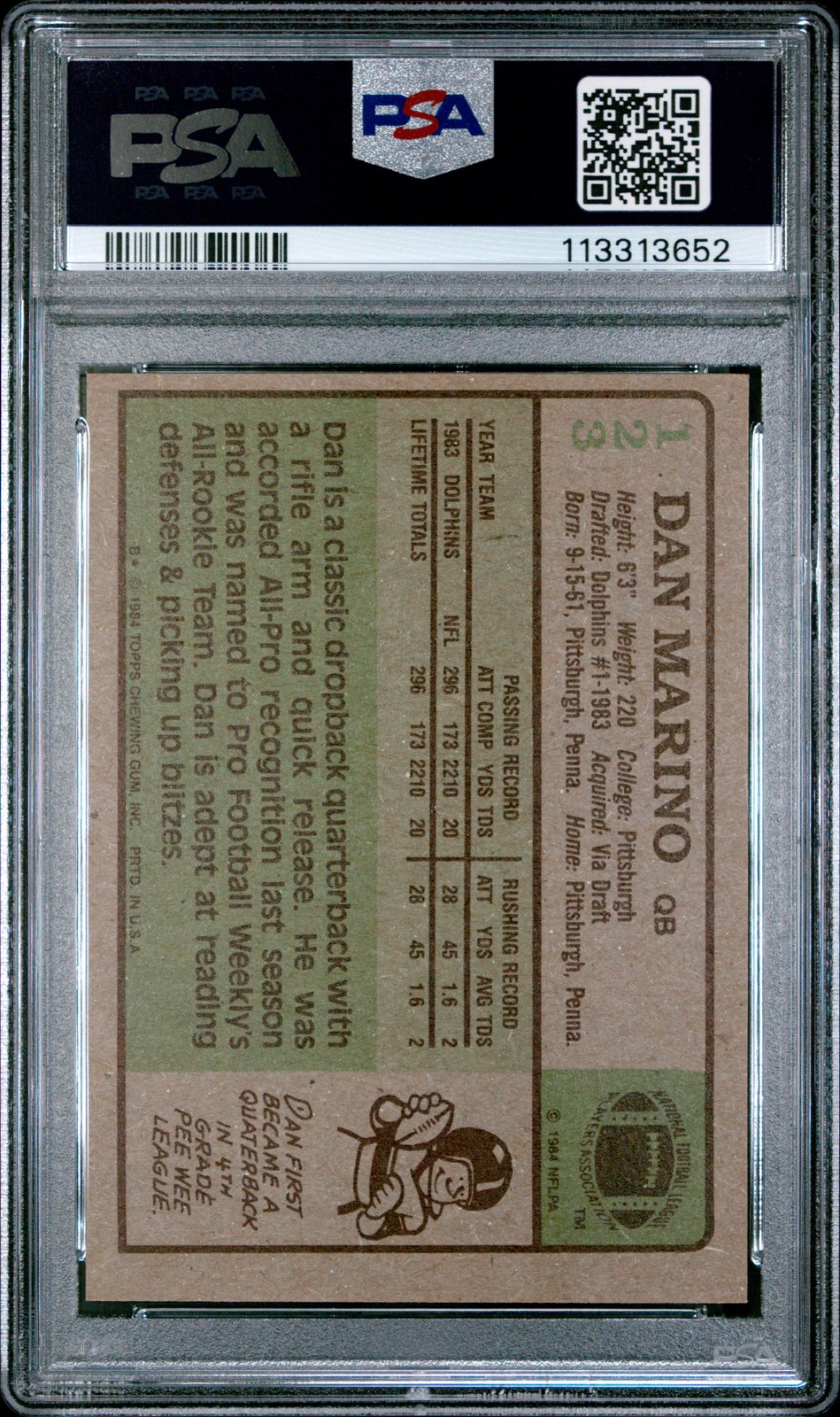 1984 TOPPS #123 DAN MARINO ROOKIE RC PSA 8 view 2