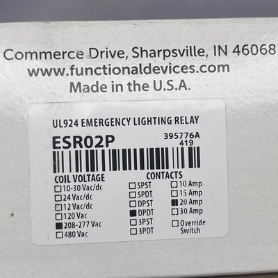 Functional Devices-Rib ESRO2P Enclosed Pre-Wired Relay,20A@300Vac,DPDT New