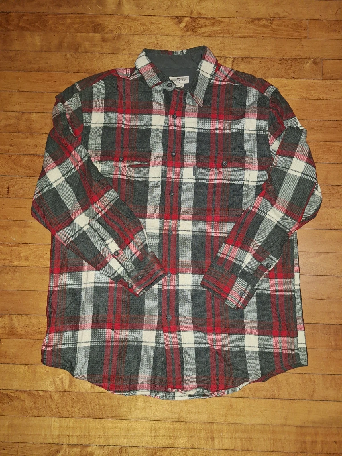 Woolrich Men's Wool Red/Gray Plaid Flannel Shirt Long Sleeve Size L Cabincore