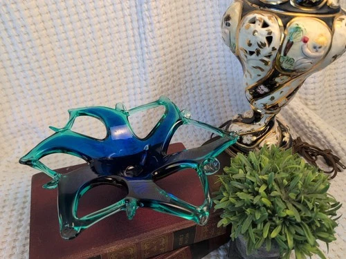 Vintage Murano Style Art Glass Bowl – Cobalt Blue & Teal Freeform Starburst