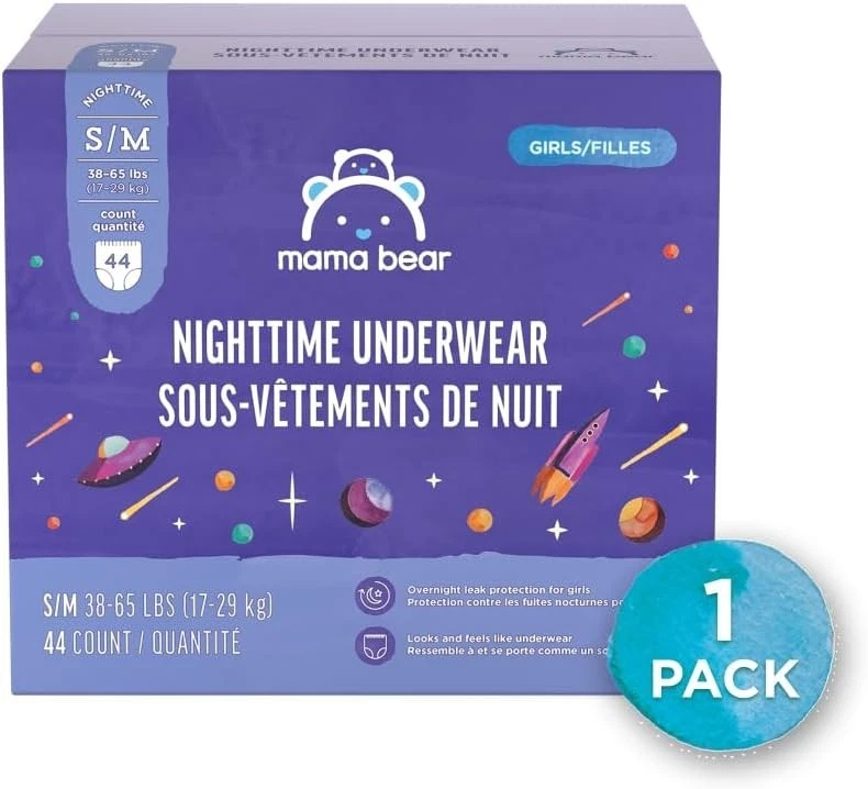 Mama Bear Girl's Nighttime Underwear Size S/M (38-65 lbs), 44 Count, White
