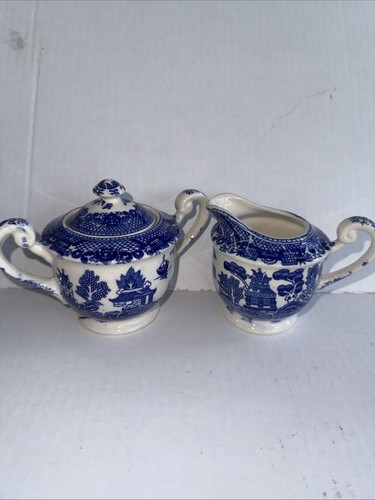 Vintage Blue Willow Japan Lidded Sugar Bowl & Creamer Set 4”H - 第 1/13 張圖片