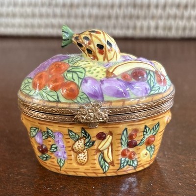 Limoges France Hand Painted Fruit Basket Porcelain Collectible Trinket Box