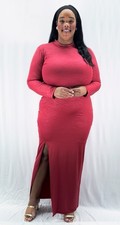 Plus Size Women’s 1X-3X Bodycon Maxi Dress Long Sleeve Mock Neck Side Slit