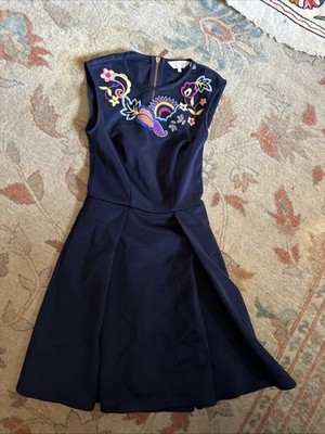 Ted Baker Women's Blue Sleeveless Dress Round Neck, Bow Fit Flare, Lace, Size 0