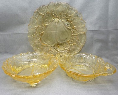 Vintage Sweet Pear Yellow Tiara Indiana Glass Pickle Dish, Candy Dish and Plate