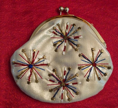 Unique Gold Lame 4th Of July Evening Bag Clutch W/Chain Handle Fireworks Design