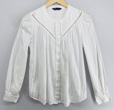 MARKS & SPENCER Blouse Womens 6 Peasant Lace Trim Textured Button Up White