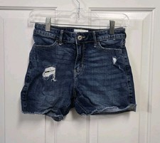 distressed dark wash denim shorts Abercrombie Kids High Rise Dad Short 13/14