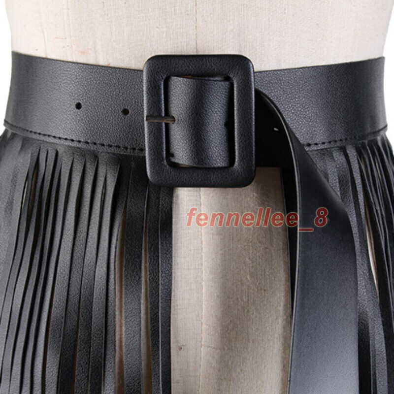 Women Faux Leather Tassel Skirt Waist Belt Long Fringe  display picture 3