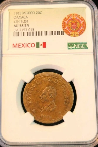1915 MEXICO 20 CENTAVOS 20C OAXACA 4TH BUST NGC AU 58 BN BEAUTIFUL STRONG STRIKE