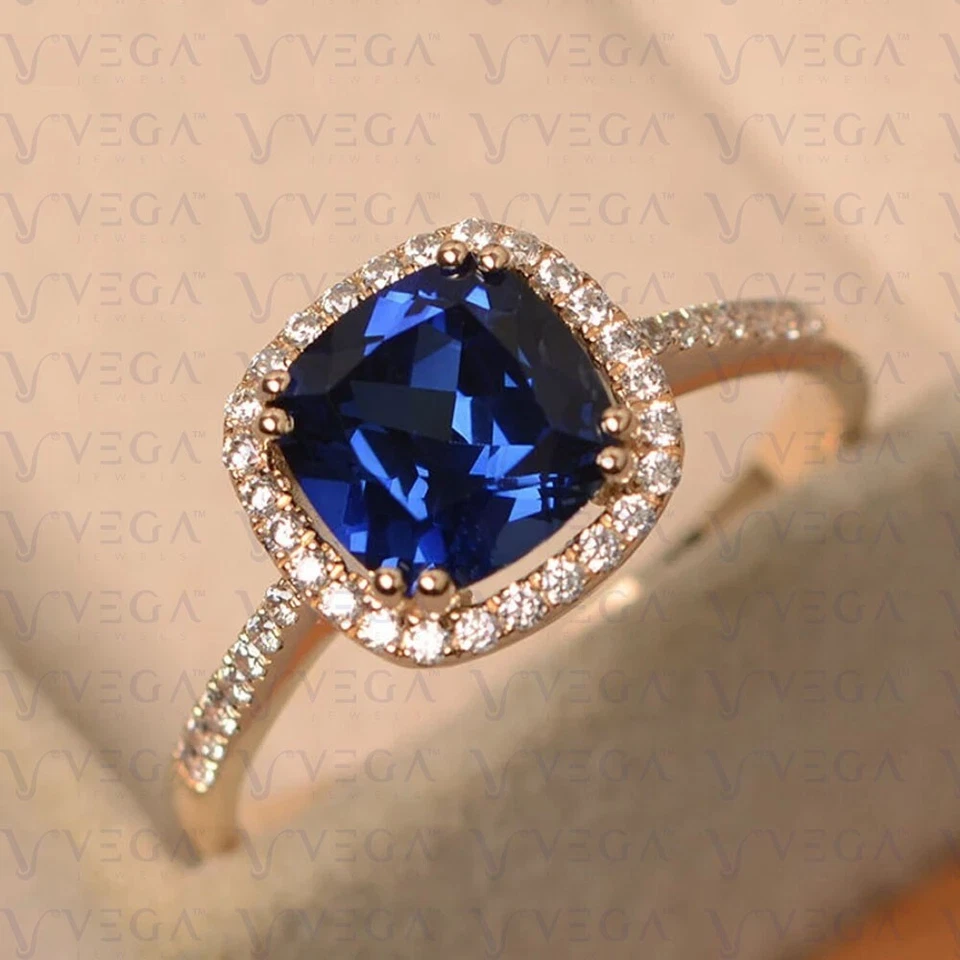 4.60Ct Cushion Natural Sapphire & Diamond Engagement Ring 18K Yellow Gold Plated - Image 2 of 4