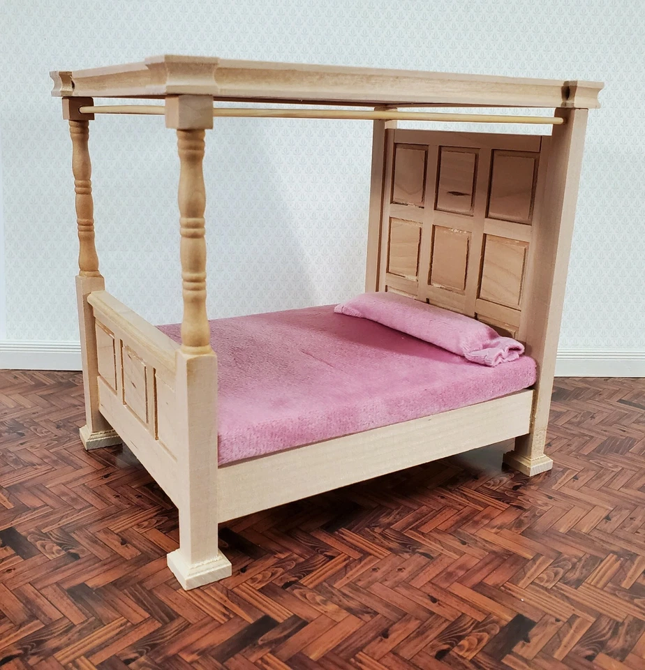Cama para casa de muñecas 4 carteles toldo estilo Tudor madera sin pintar miniatura escala 1:12 Foto 4 de 4