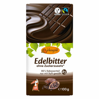 Birkengold Edelbitter Schokolade 100g, ohne Zuckerzusatz, 85% Kakao, vegan Xylit