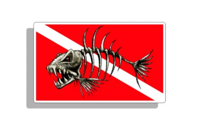 REAL STICKY Skull Bone Fish Diver Down Sticker Scuba Diving Dive Car Vehicle Window Decal