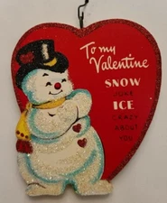SNOWMAN w LARGE RED HEART - SNOW JOKE -  Glitter VALENTINE ORNAMENT *  Vtg Img