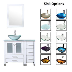 Details About 36 Bathroom Vanity Cabinet Tempered Glass Vessel Sink Bowl Faucet White Wood