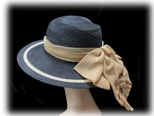 Vintage Slate Blue Woven Straw Ladies Hat w Ivory Chiffon Band Union Made Tag