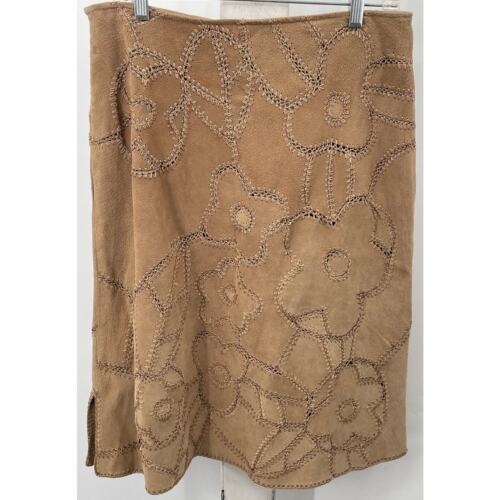 Suedessence Tan Floral Suede Leather Skirt Women's Size S/M - Picture 2 of 11
