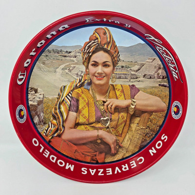 Vtg Corona Extra Victoria Beer Tray 1960s Mexican Señora Metal Serving Tray 13''