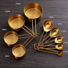 New Premium Golden Measuring Cups & Spoons Set Stainless Steel Stackable Kitchen