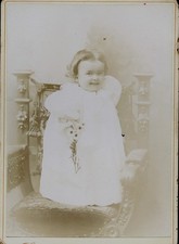 Antique Cabinet Card Photo Smiling Child Girl w Flowers Victorian Portrait