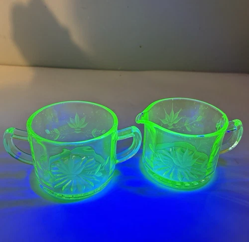 Uranium Glass Etched Sugar & Creamer Set Vtg Green Depression w/ Vertical Panels