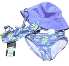 Art Class Girls XS 4/5 Purple Floral Bikini Set w/ Bucket Hat UPF 50 NWT