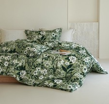 Floral Duvet Cover King Size 3pcs, 100 Natural Cotton Green Botanical Leaf