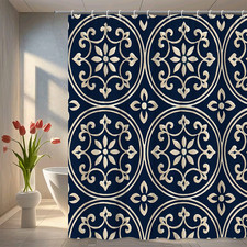 Navy Blue Floral Shower Curtain - Elegant Fabric Bathroom Decor
