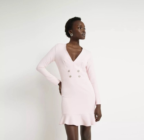 River Island Womens Bodycon Blazer Mini Dress Pink Long Sleeve Lisa V-Neck - Picture 1 of 4