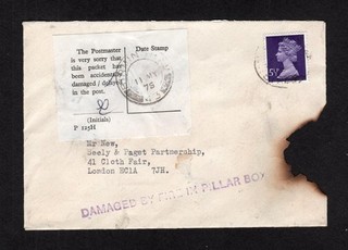 1975 COVER 'DAMAGED BY FIRE IN PILLAR BOX'