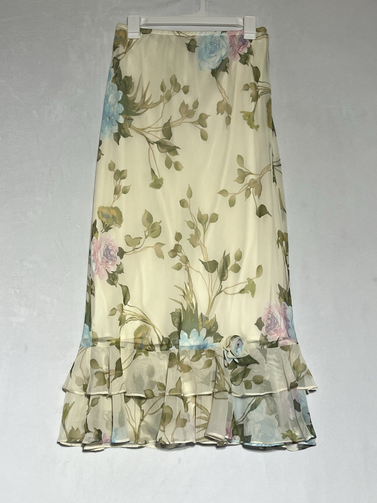 Chiffon Midi Skirt Size 10 Pale Yellow Floral Sheer Ruffle Fairy 90s Romantic-image