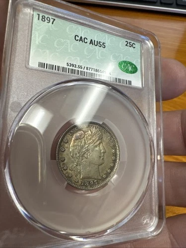 1897 Barber Quarter CAC AU 53 Nice Looking Pastel/cotton Candy Tone