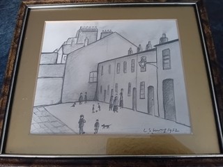 Lage Old Framed Pencil Drawing Signed L S Lowry 1952