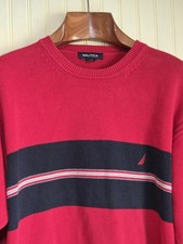 Nautica Sweater Mens XL Red Navy Stripe 100 Cotton Crewneck Pullover