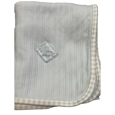 Beyond Basics Kids Baby Blanket Blue Cute Little Teddy Ribbed Striped Trim Cotto