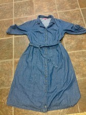 ~~Woman Within Maxi Long Denim Dress Sz 20W Modest Short Sleeve Tie Belt Cotton