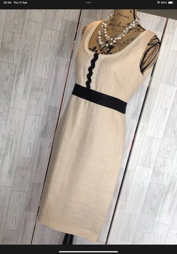 Nissa Beige Sleeveless Linen Dress, Lace Trim UK12 Immaculate Condition H/I - Picture 2 of 12