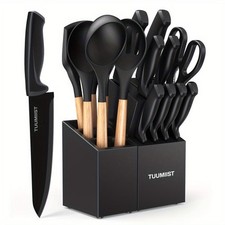 18pcs TUOMEIST Stainless Steel Knife Set with Wooden Handles Lamp; Removable