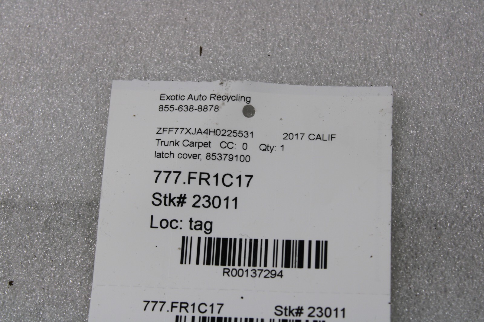 Ferrari California T, Trunk Latch Cover, Used, P/N 85379100