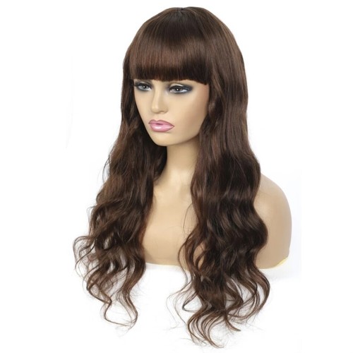 Dark Brown Human Hair Wig with Bangs Body Wave Full Machine Wig with ...