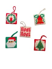 Vintage Handmade 5 Needlepoint Christmas Ornaments Squares Tree Bell Noel Yarn