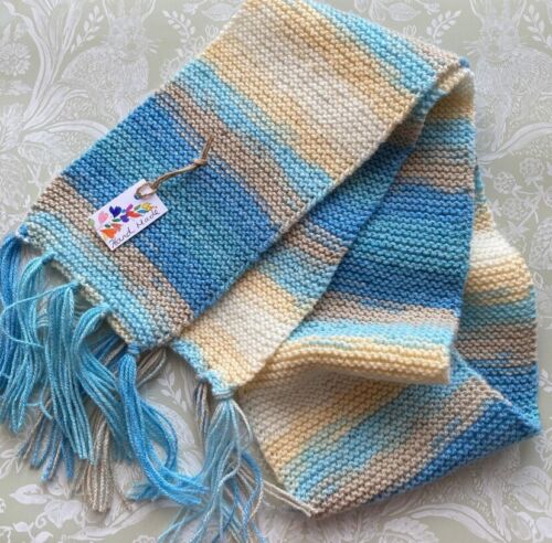 Hand Knitted Adults Winter Scarf Sand & Sea Blue Beige Colours With Tassels Gift