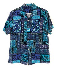 Vintage Barkcloth Hawaiian Camp Shirt Med Tiki Blue Teal Turtles